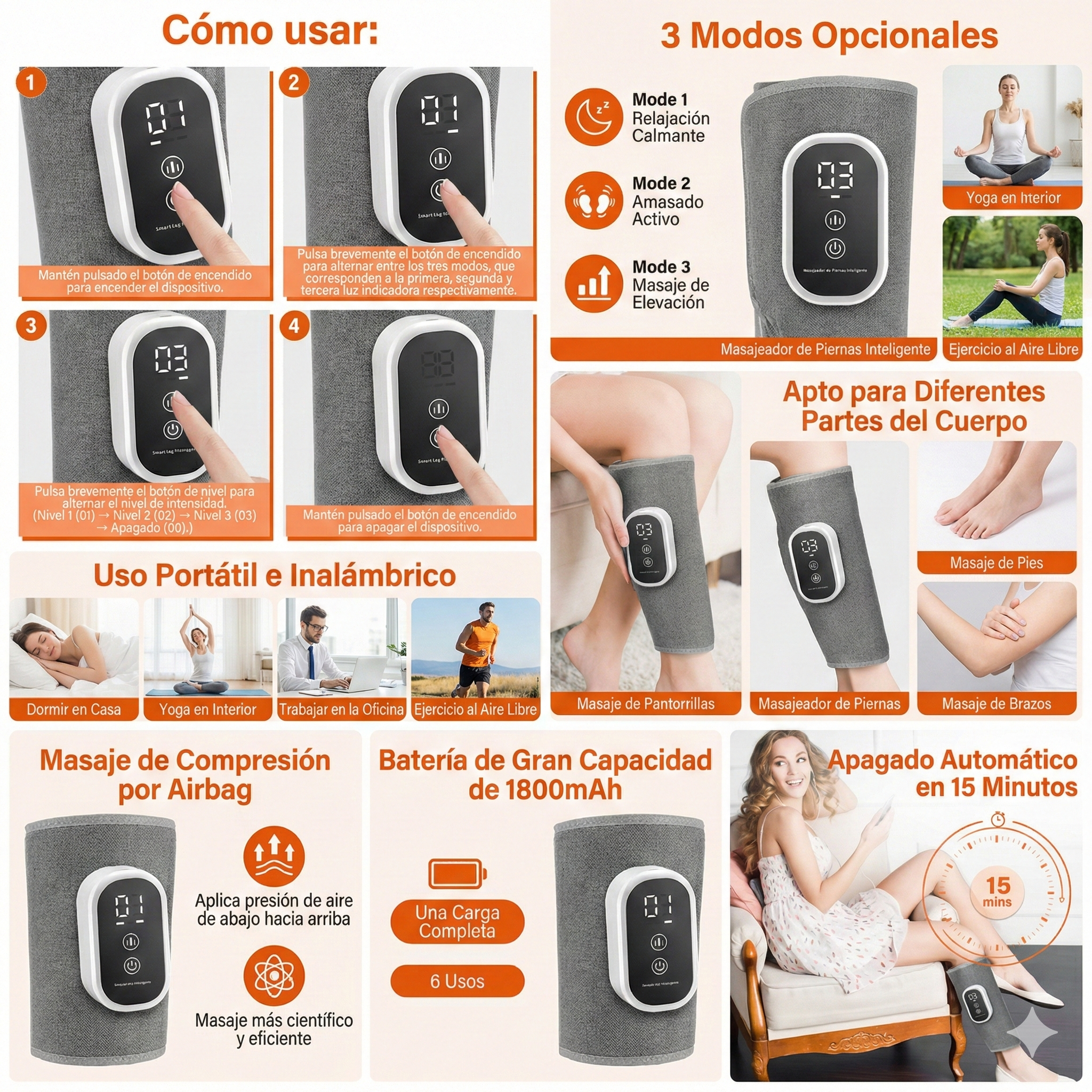 Uso poratil e inalambrico masaje de compresion por airbag bateria gran capacidad apagado automatico apto para diferentes partes del cuerpo