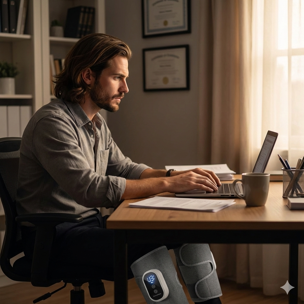 Dispositivo masajeador pantorrillas electrico inalambrico en la oficina