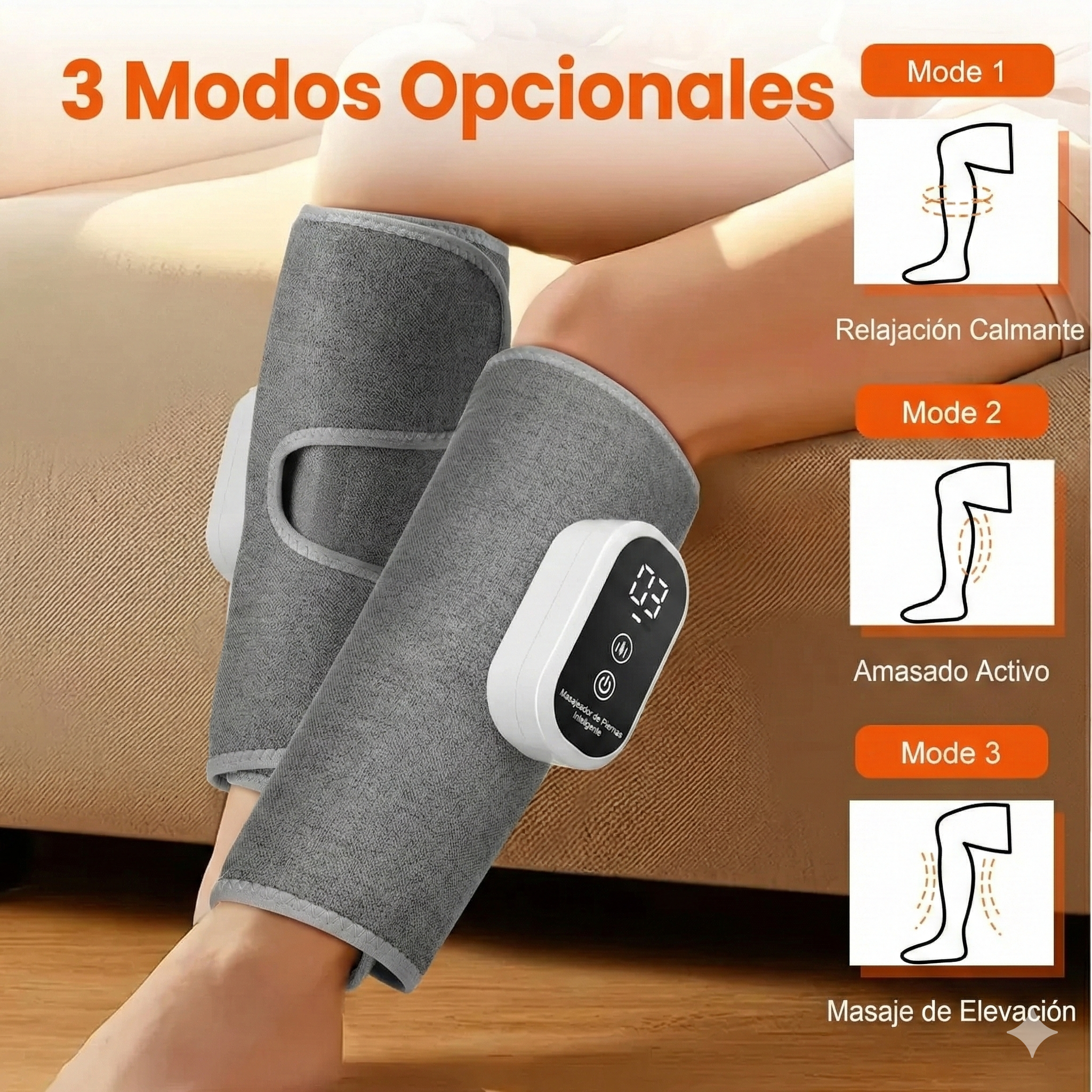 Tres modos opcionales Relajacion calmante Amasado activo Masaje de elevacion